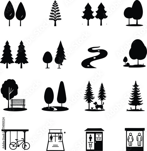 Park elements vector icons set trees benches trails and facilities for outdoor recreation and relaxation