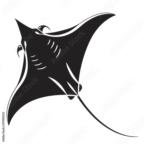 Black manta ray silhouette with internal white lines and markings on a white background stingray