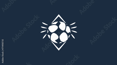 A stylized soccer ball design within a diamond shape, on a dark blue background.