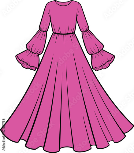 Bright pink long dress with tiered bell sleeves and an elasticated waist. A CAD drawing flat vector illustration.