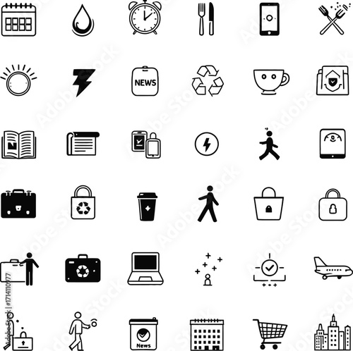 Vector icon set collection of business travel communication and everyday life symbols for graphic design