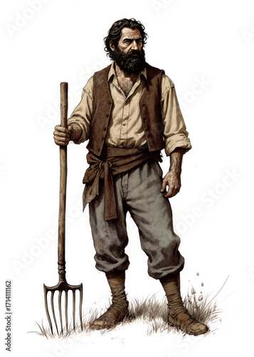 Fantasy RPG old school drawing of a weathered Barovian peasant with rough features, dark beard, and beige linen tunic, gothic horror villager character for tabletop roleplay