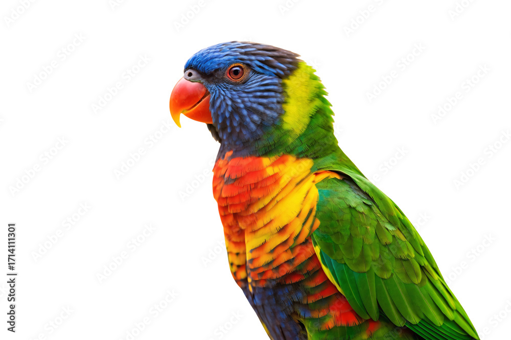 Naklejka premium Stunning rainbow lorikeet with blue head, orange breast and green wings in profile view, isolated on a transparent background
