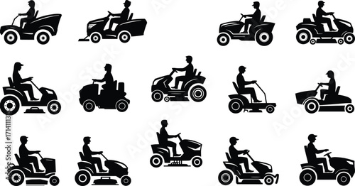 Silhouette collection of fourteen ride‑on lawn mower designs, vector illustration for landscaping, gardening, agricultural equipment, lawn care, yard maintenance, and educational projects