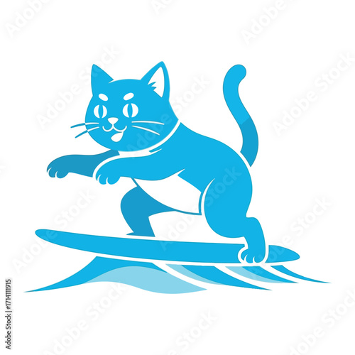 Catching Waves: A lively illustration of a cool, surfing cat. Riding a surfboard and cruising across the water surface, this cat is a total natural.