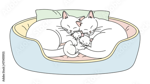 Sweet Slumber: A loving family of four, two parent cat, and two baby kittens, dreams peacefully together, nestled in a cozy bed, a symbol of gentle affection and domestic bliss.