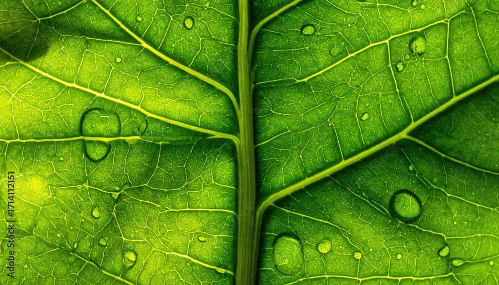 Fototapeta premium Green Leaf Macro Photography with Dew Drops
