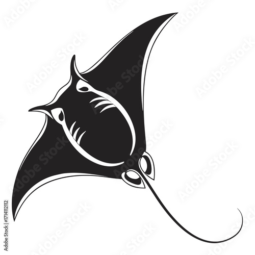 Black silhouette of a manta ray with detailed internal markings on a white background stingray