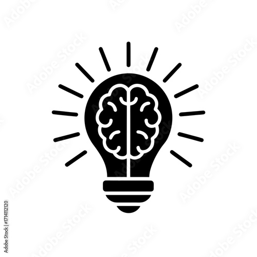 Illustration of a lightbulb with a brain inside and radiating lines emanating from the bulb design