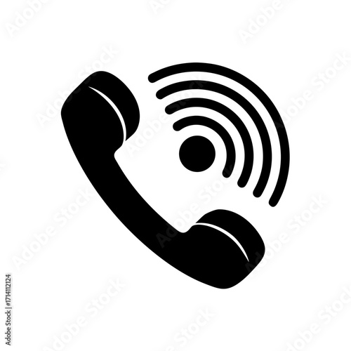 A black silhouette of a telephone receiver with radiating waves indicating a signal being transmitted