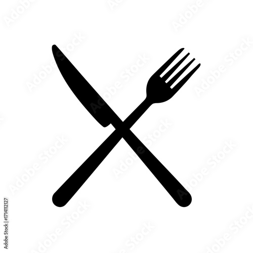 Black silhouette of a crossed knife and fork representing dining or restaurant services and food related themes
