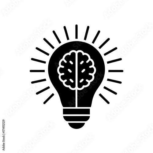 Lightbulb with brain inside and rays emanating representing innovation and intelligence concept idea