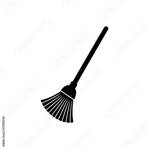Illustration of a black broom with a long handle and bristles for sweeping on a white background space