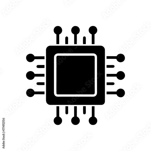 Illustration of a black computer chip with multiple pins extending from all four sides of the square body