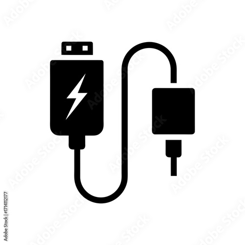 Illustration of a black charging cable with a usb connector and lightning bolt icon design vector art