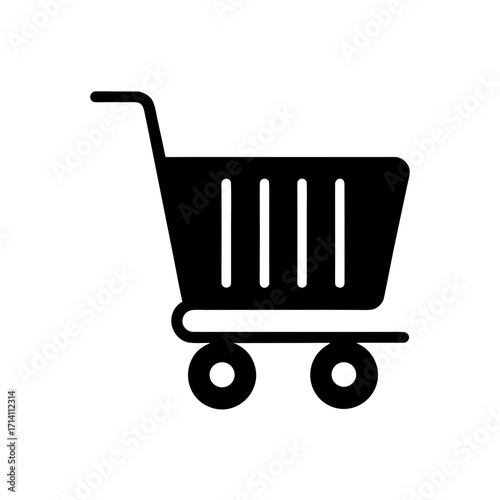 A simple black shopping cart icon with handle and wheels on a white background in vector format design
