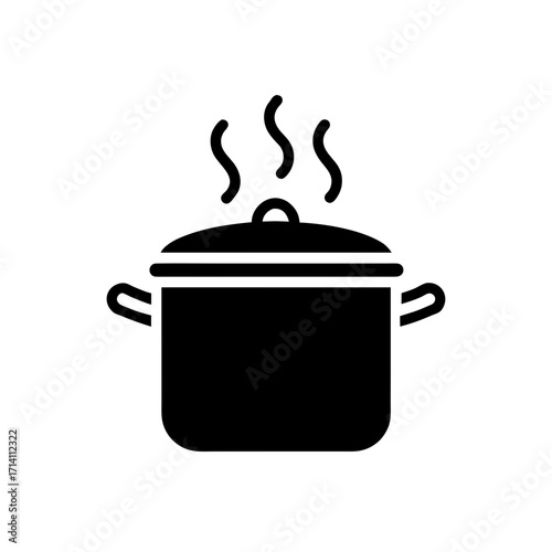 A black silhouette of a cooking pot with a lid and steam rising from it on a white background image