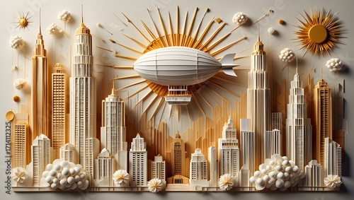 Airship over golden city with clouds and sun rays in paper cut style art