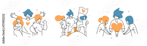 Vector illustration set with three volunteer team scenes. Characters show unity, love, and support: celebrating together, raising a heart flag, and launching a lantern shaped like a heart.