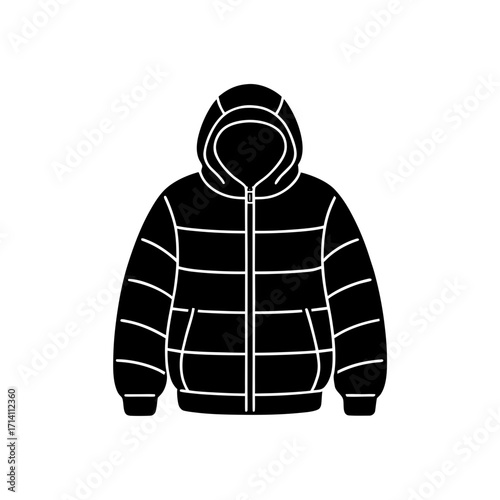 Illustration of a black puffer jacket with a hood and white horizontal stripes on a white background