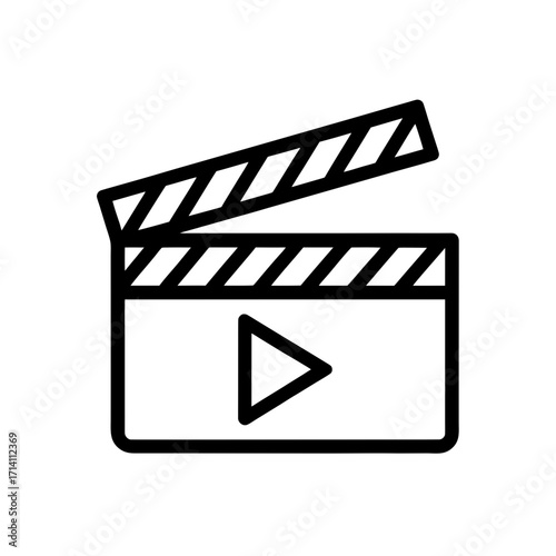 Open film clapperboard with a play button symbol in the center in a simple black and white line drawing