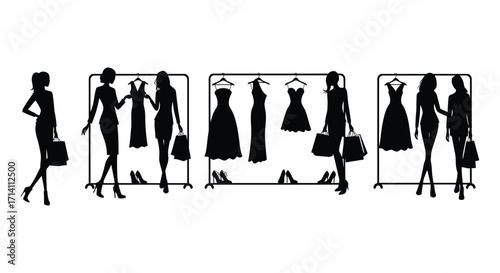 Silhouettes of women shopping and garments displayed on clothing racks