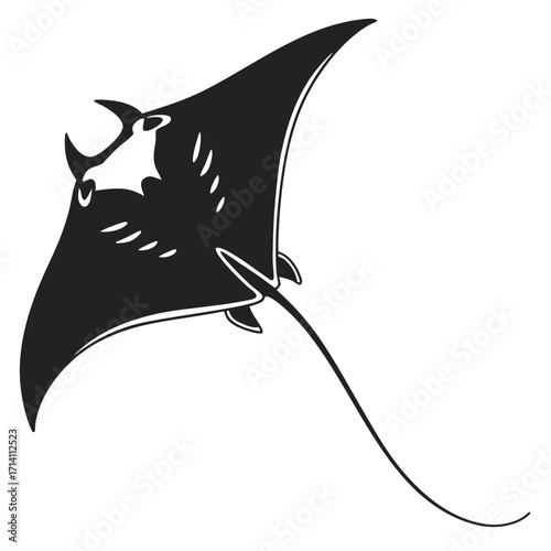 Black silhouette of a manta ray with its wings outstretched and a detailed head structure on a white background