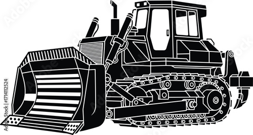 Bulldozer heavy equipment vector, construction machinery silhouette, powerful tracked loader for site work, excavation, earthmoving, industrial tools, engineering vehicle