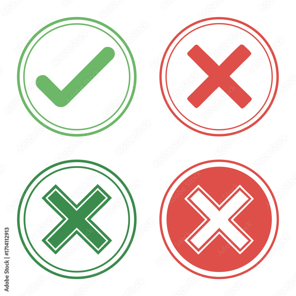 Obraz premium Green check mark and red cross symbols in circles on white background vector