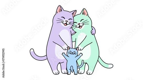Happy Cat Family: A heart warming scene of a cat family, exuding warmth and affection, showcasing the essence of togetherness in a tender, illustrative embrace.