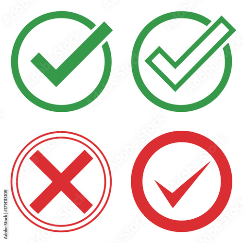 Two green checkmarks in circles and two red crosses in circles vector