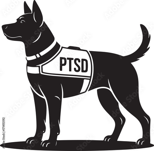 A service dog silhouette wearing vest with PTSD