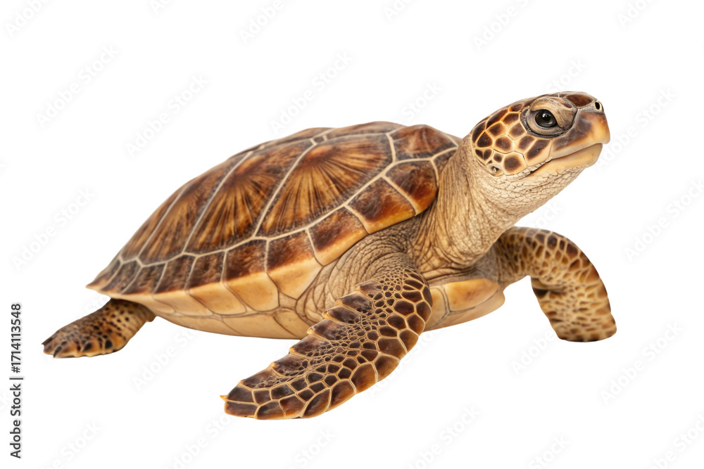 Obraz premium Large sea turtle swimming, brown shell with intricate patterns, marine reptile with flippers extended gracefully, isolated on a transparent background