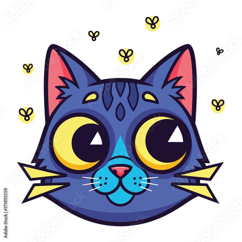 Whimsical feline portrait with cartoon graphic: A charming and colorful cartoon cat head with a sweet expression, evoking joy, playfulness, and the essence of a beloved pet