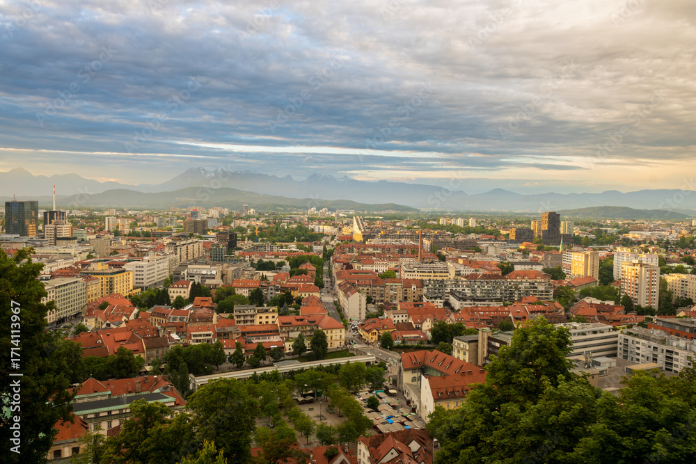 Fototapeta premium Ljubljana city view with cloudy sky