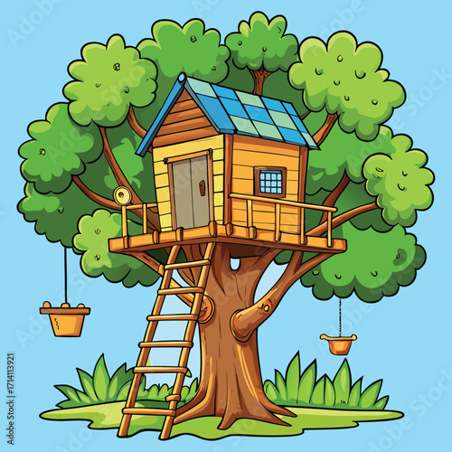 Whimsical cartoon treehouse with wooden planks ladder and hanging buckets in a lush green tree