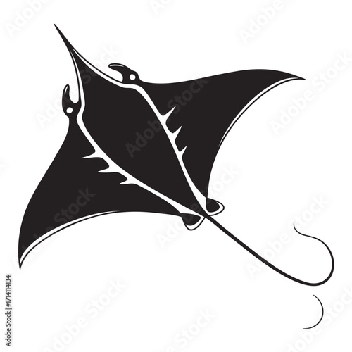 Minimalist black silhouette of a manta ray with two distinct head appendages on a white background