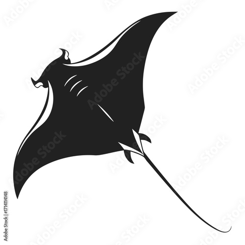 Silhouette of a majestic manta ray gliding through the ocean with its wings spread wide on a white background