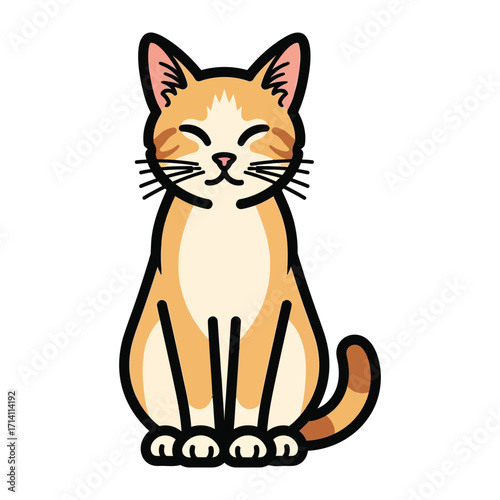 Joyful Feline: An illustration of a serene ginger cat with closed eyes sitting with its tail and legs elegantly arranged, evokes a sense of tranquility and feline contentment.