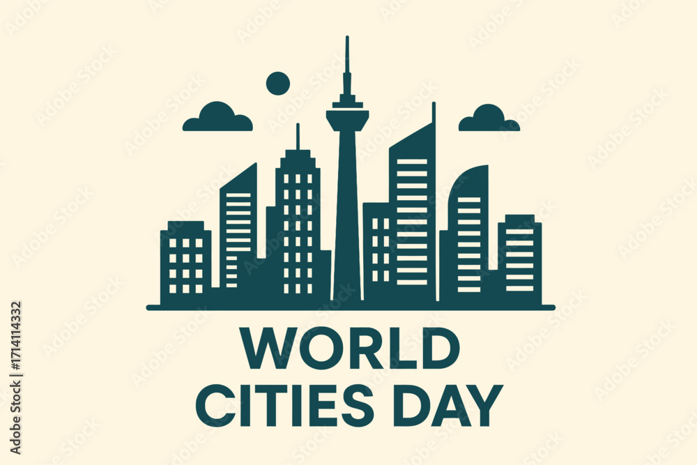 Obraz premium Flat vector illustration for World Cities Day featuring modern city skyline icon. Minimal clean style, bold text “World Cities Day”, stock-safe vector.