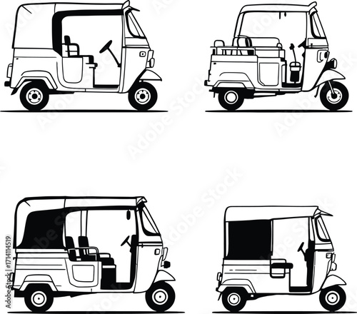Auto rickshaw vector illustration set black and white line art transportation tuk tuk vehicle taxi design
