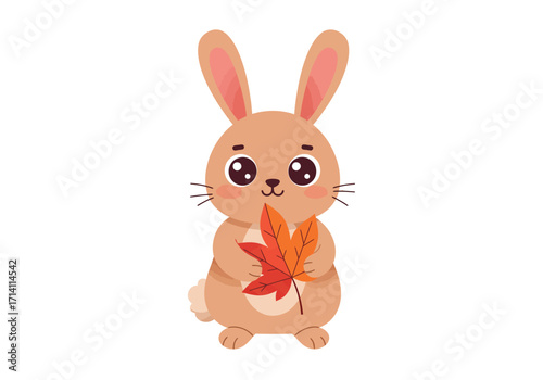 A brown cartoon rabbit holds two autumn leaves