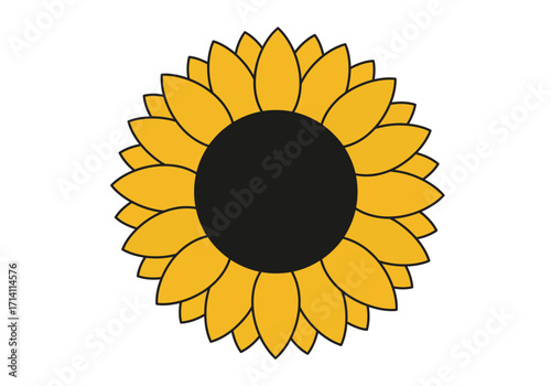 A cartoon illustration of a sunflower with a black center and yellow petals