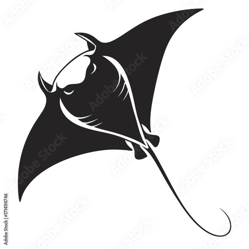 Stylized black silhouette of a manta ray with detailed fins and a long tail on a white background