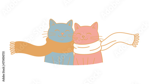 Cozy Cats in embrace:  Two endearing cartoon cats snuggle together, draped in matching scarves. The playful illustration captures the warmth of companionship.