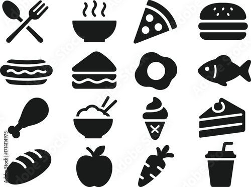 Vector EPS illustration featuring 16 solid black food icons. 