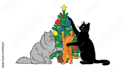 Christmas Cats Decorating Tree: Capturing a charming scene, a trio of adorable cats gathers around a festively adorned Christmas tree, embracing the holiday spirit with playful paws. 