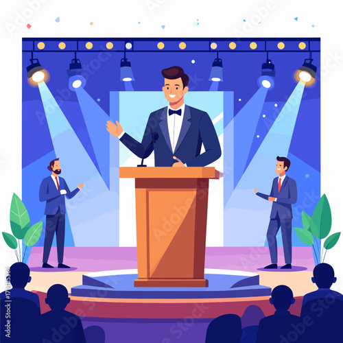 Charismatic Speaker on Stage Addressing an Appreciative Audience During a Formal Event