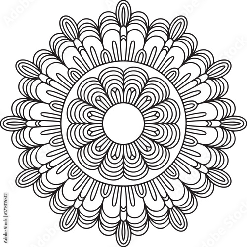 Ornate Mandala Design for Coloring or DecorationA detailed black and white mandala design, perfect for coloring books, patterned backgrounds, or decorative elements.