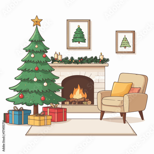 Cozy Christmas Room Decoration with Fireplace and Tree